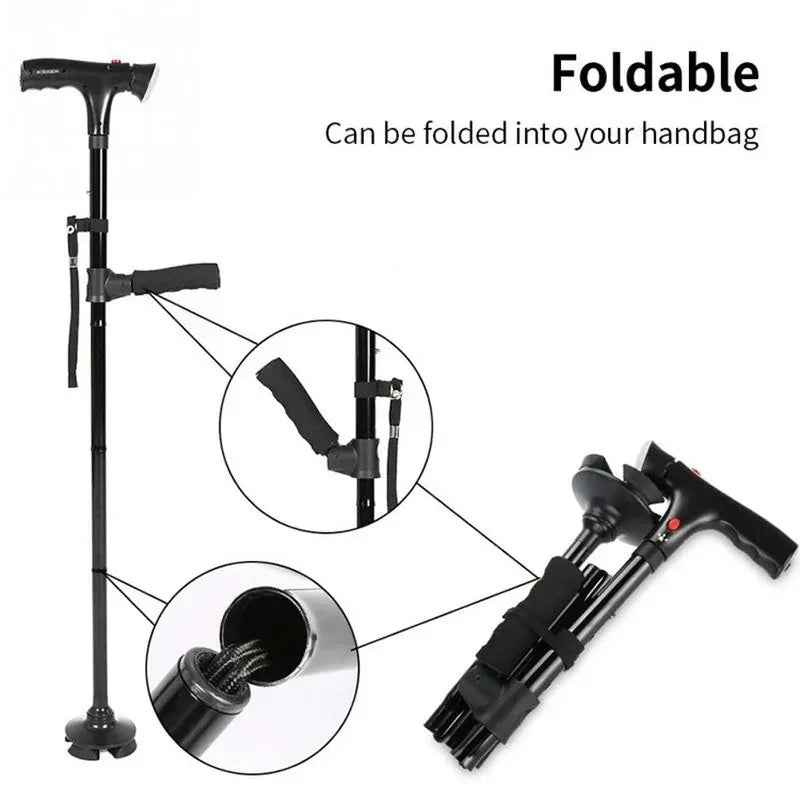 Black foldable walking cane with ergonomic handle, adjustable height, and non-slip base.
