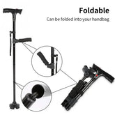 Black foldable walking cane with ergonomic handle, adjustable height, and non-slip base.