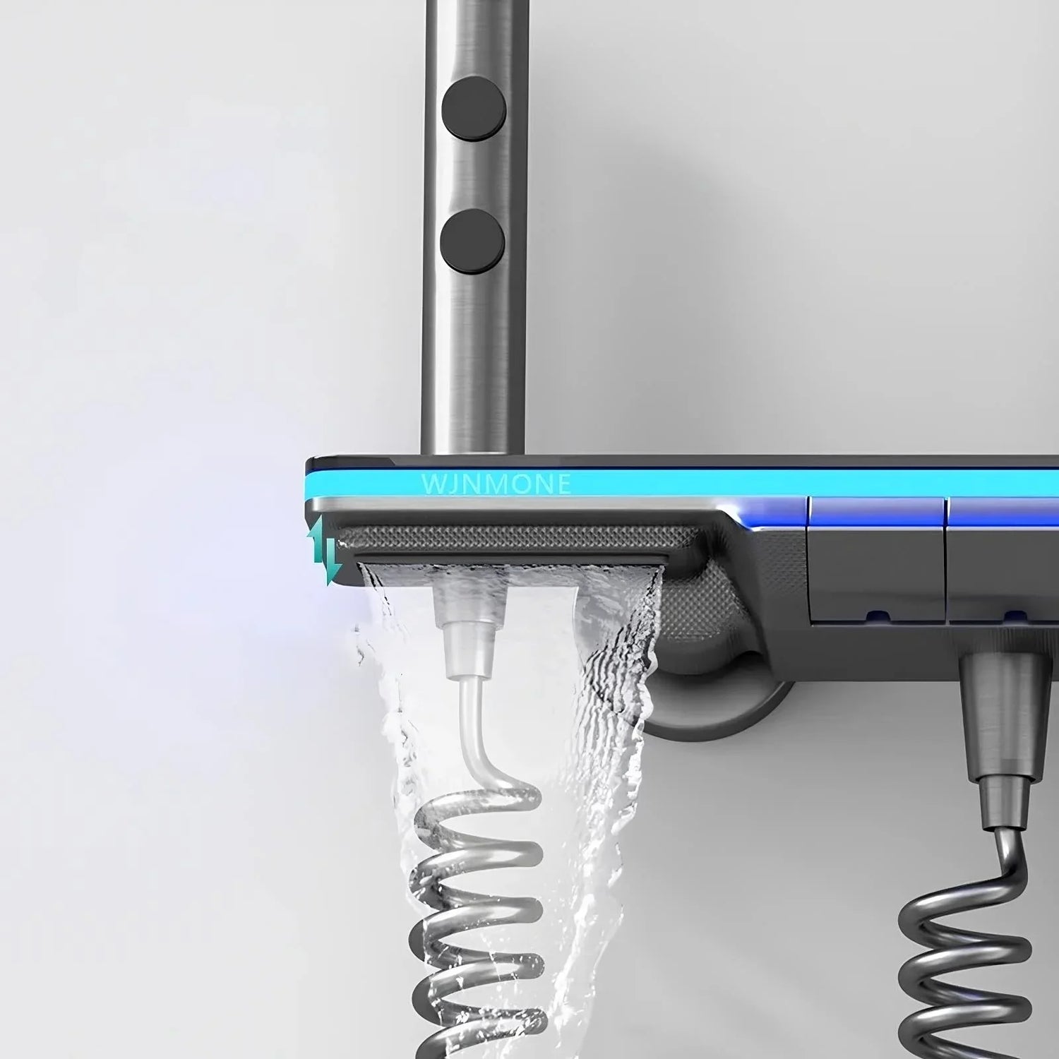 Modern shower panel in silver and black with LED light, dual hose attachments, and running water