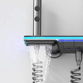 Modern shower panel in silver and black with LED light, dual hose attachments, and running water
