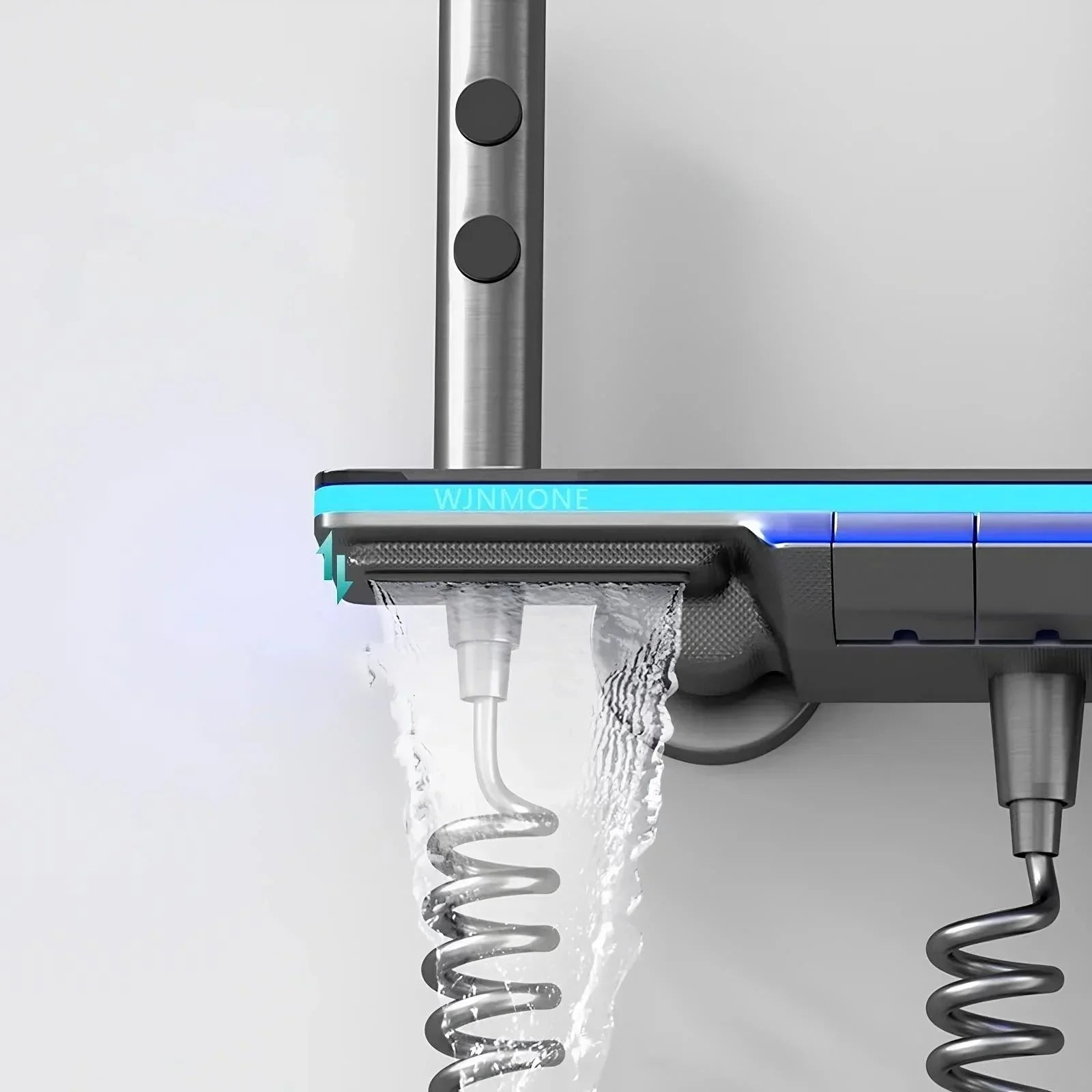 Modern shower panel in silver and black with LED light, dual hose attachments, and running water