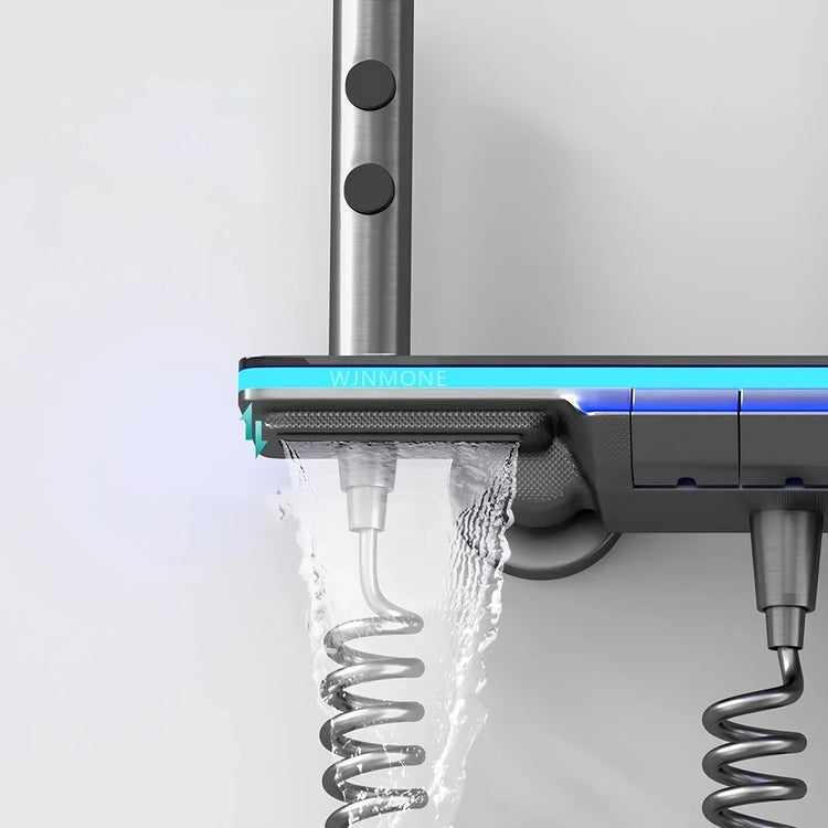 Modern shower panel in silver and black with LED light, dual hose attachments, and running water