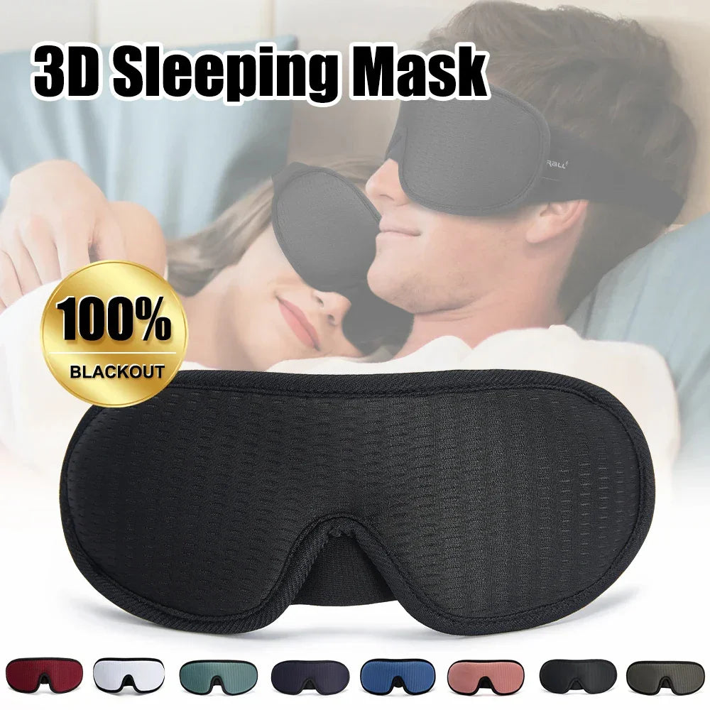 Black 3D contoured sleeping mask, soft textured material, ergonomic fit, multiple colors displayed.