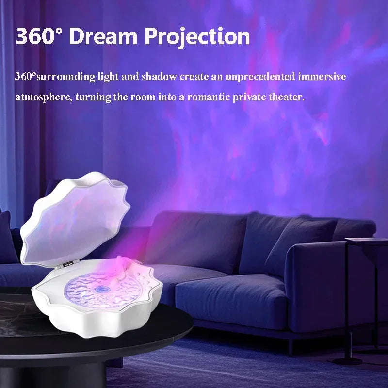 White shell-shaped LED projector casting purple ambient light in modern living room