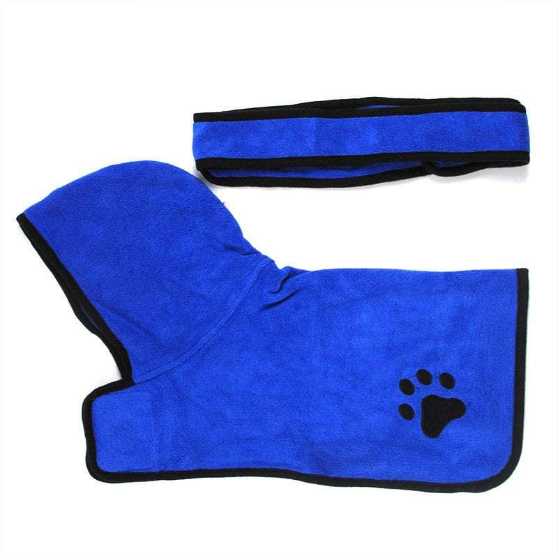 Blue microfiber pet hoodie towel with black trim and paw print, matching headband included