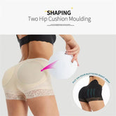Beige and black hip shaping underwear with lace trim, featuring padded design for enhanced curves.