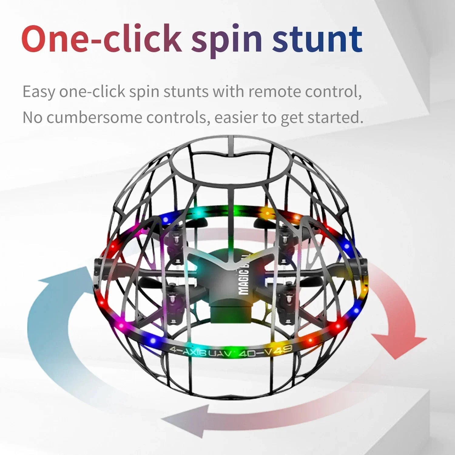 Enclosed cage drone with multicolor LED lights, durable design, showcasing remote control stunt feature.