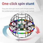 Enclosed cage drone with multicolor LED lights, durable design, showcasing remote control stunt feature.