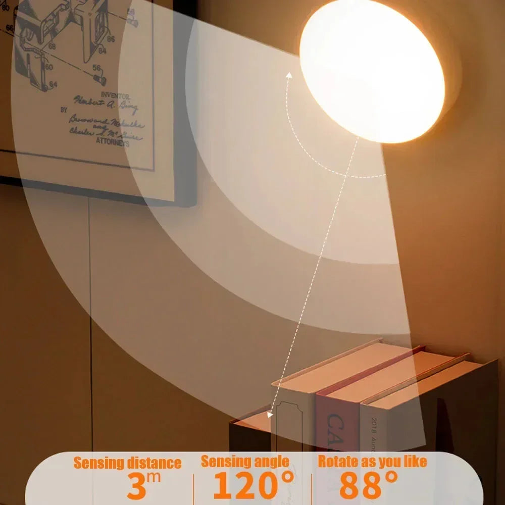 Wall-mounted round LED night light with adjustable angle, warm white glow, modern design