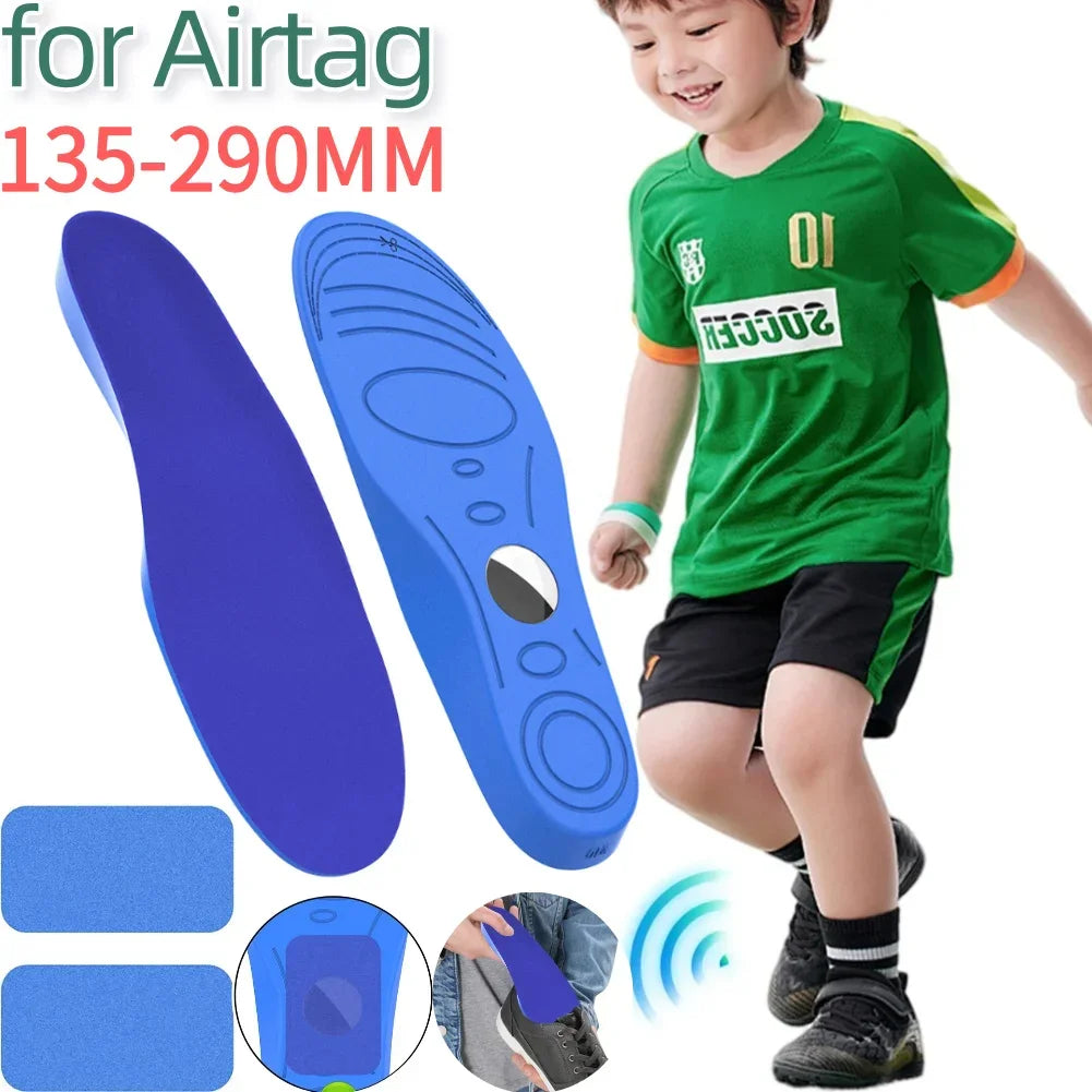 Child in casual sportswear outfit with green athletic shirt and black shorts, blue foam insoles for shoes displayed; insoles designed for comfort and tracking device compatibility.