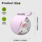 Round water bottle with a pink cap, bow patterns, 10 oz capacity, modern design.
