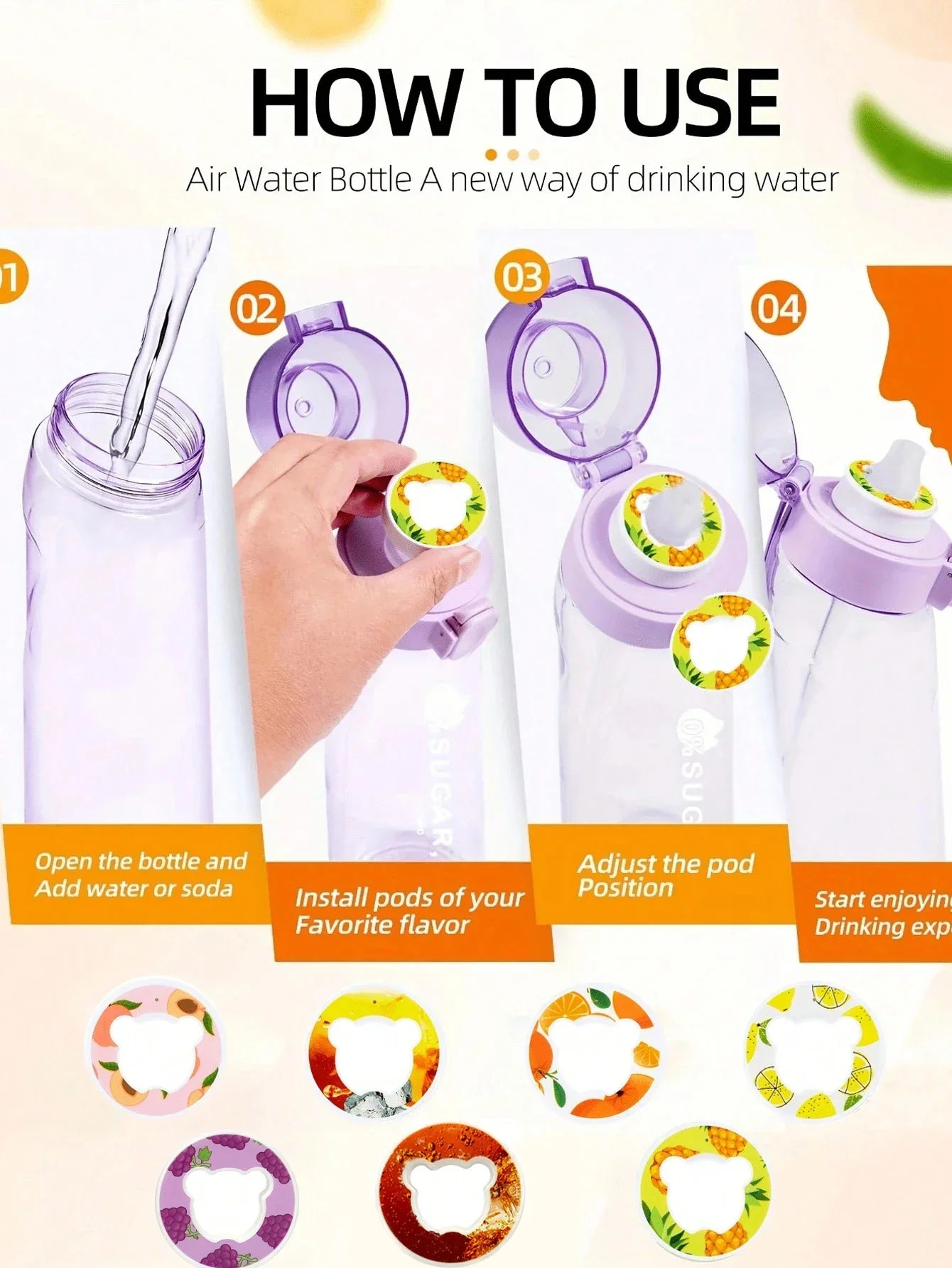 Step-by-step instructions for using a purple water bottle with flavored pods, showing how to fill, insert pods, and enjoy flavored water.