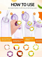 Step-by-step instructions for using a purple water bottle with flavored pods, showing how to fill, insert pods, and enjoy flavored water.