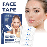 Transparent face lifting tape for firm skin, shown on a woman, with product packaging and adhesive strips visible.