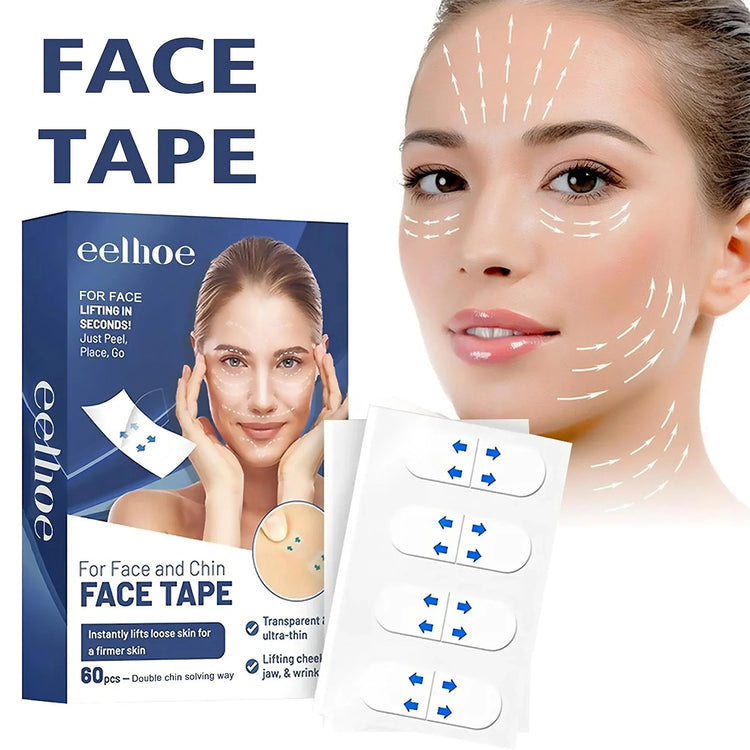 Transparent face lifting tape for firm skin, shown on a woman, with product packaging and adhesive strips visible.