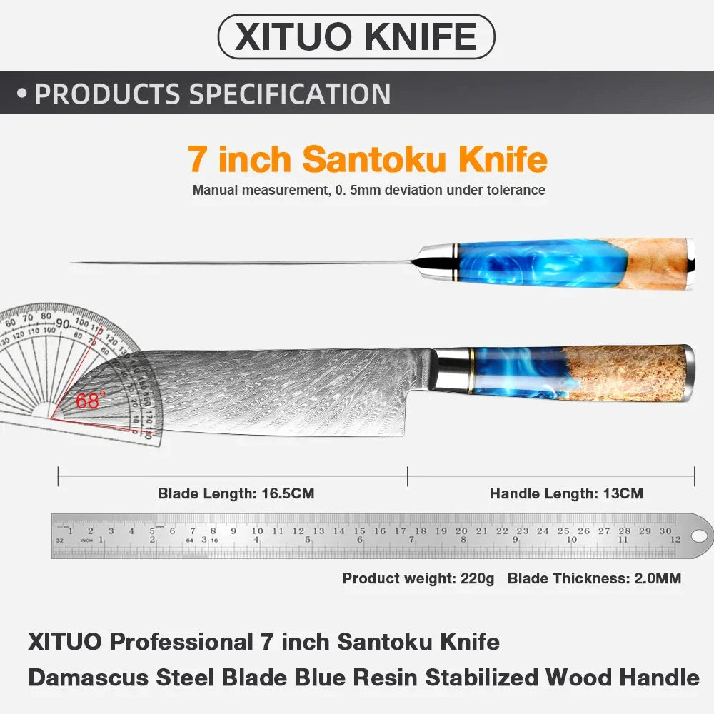 7 inch Santoku knife with Damascus steel blade and blue resin wood handle, shown flat with measurements and angle details.