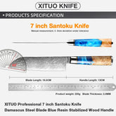 7 inch Santoku knife with Damascus steel blade and blue resin wood handle, shown flat with measurements and angle details.