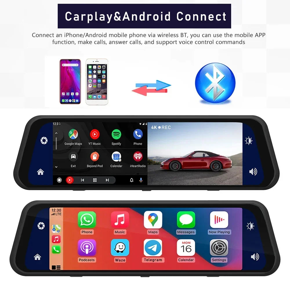 Smart rearview mirror display with touchscreen, showing CarPlay and Android Auto interface, wireless Bluetooth connectivity.
