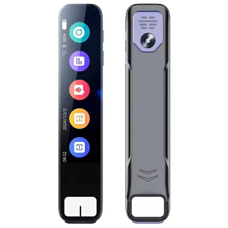 Slim futuristic smart device with touchscreen display and camera, silver and black color, tech accessory