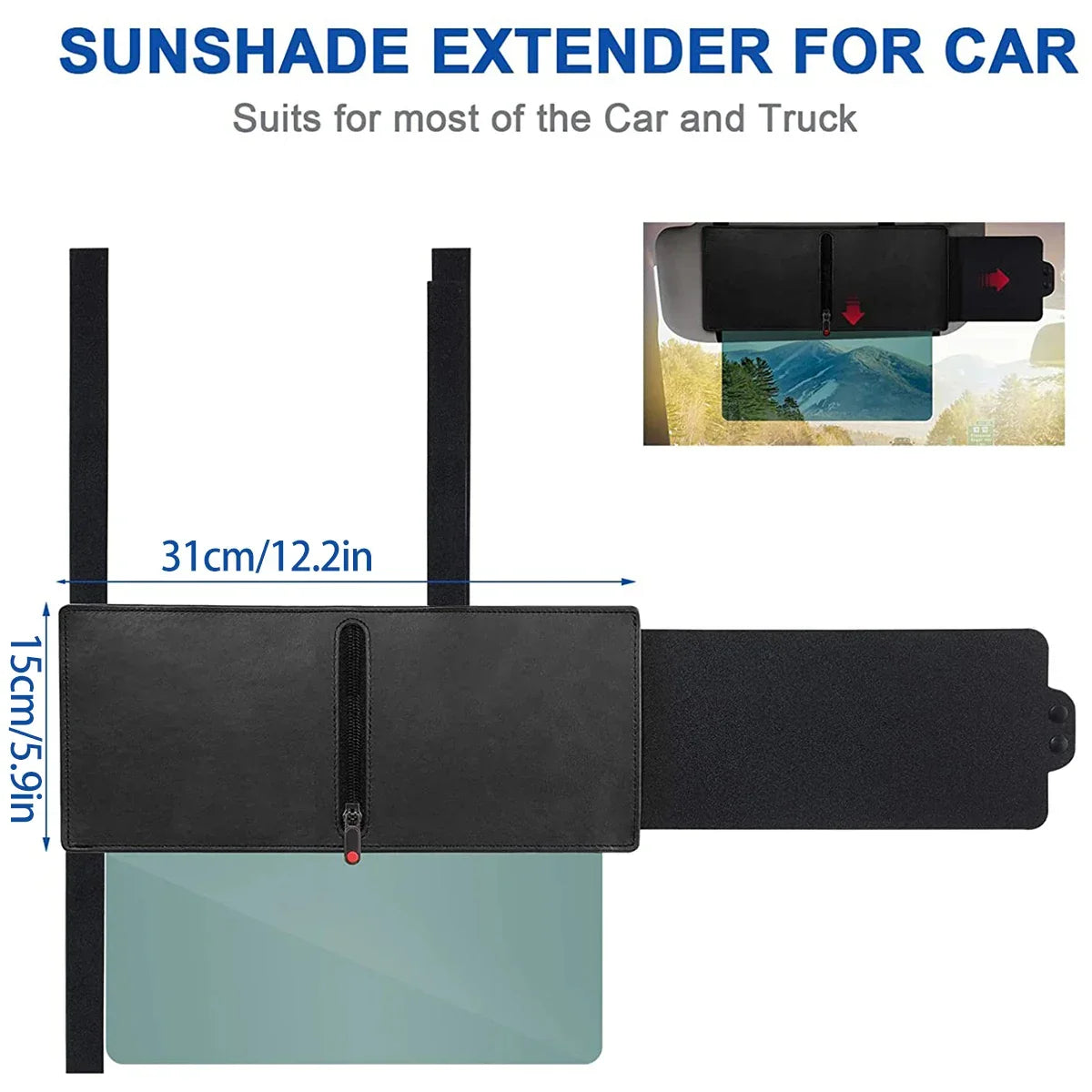 Black car sun visor extender with adjustable design, faux leather cover, and tinted sunshade panel.