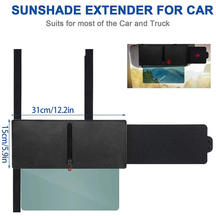Black car sun visor extender with adjustable design, faux leather cover, and tinted sunshade panel.