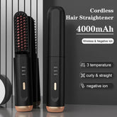 Black cordless hair straightener with gold accents, three temperature settings, modern design