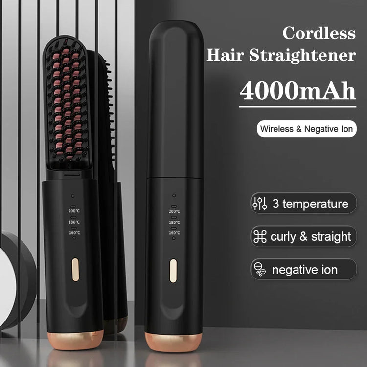 Black cordless hair straightener with gold accents, three temperature settings, modern design