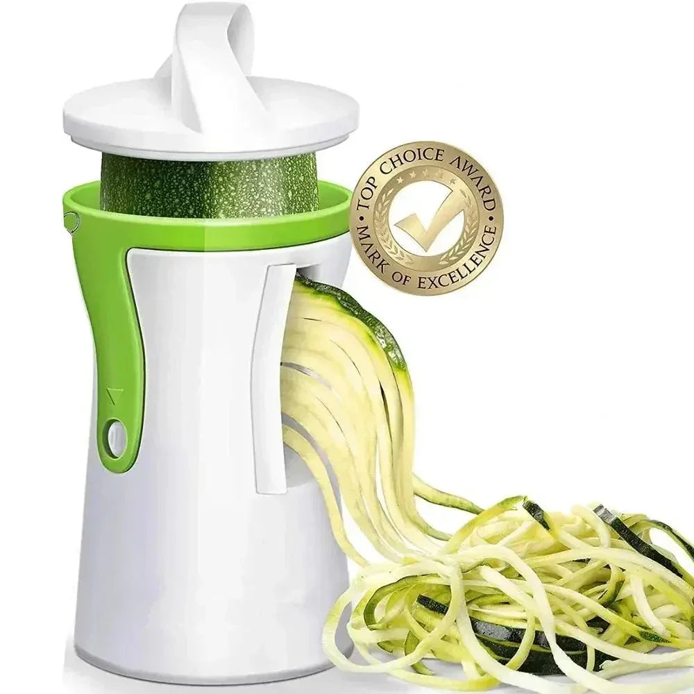 Handheld white and green vegetable spiralizer making zucchini noodles, award badge visible