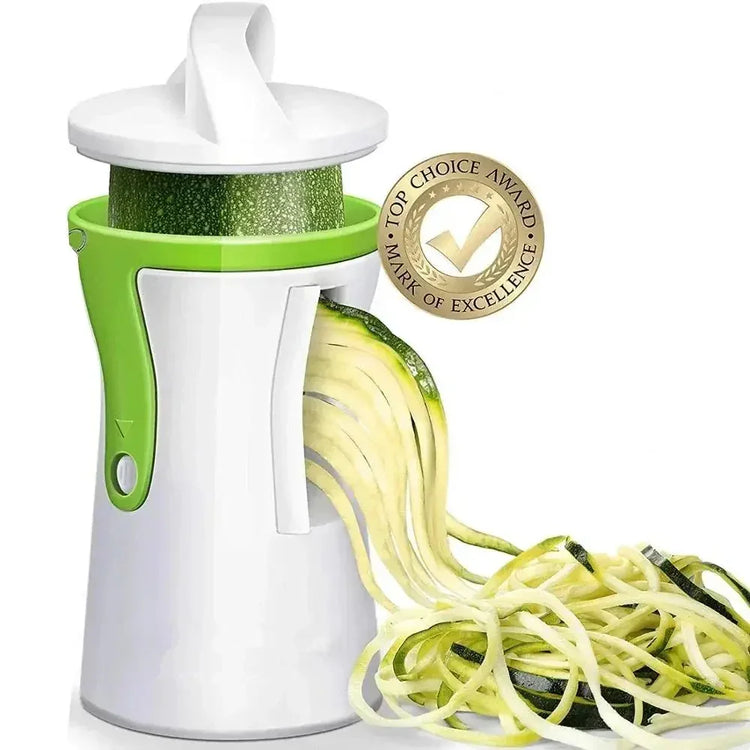 Handheld white and green vegetable spiralizer making zucchini noodles, award badge visible
