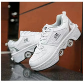 White futuristic streetwear sneakers with roller wheels, perforated leather, chunky sole