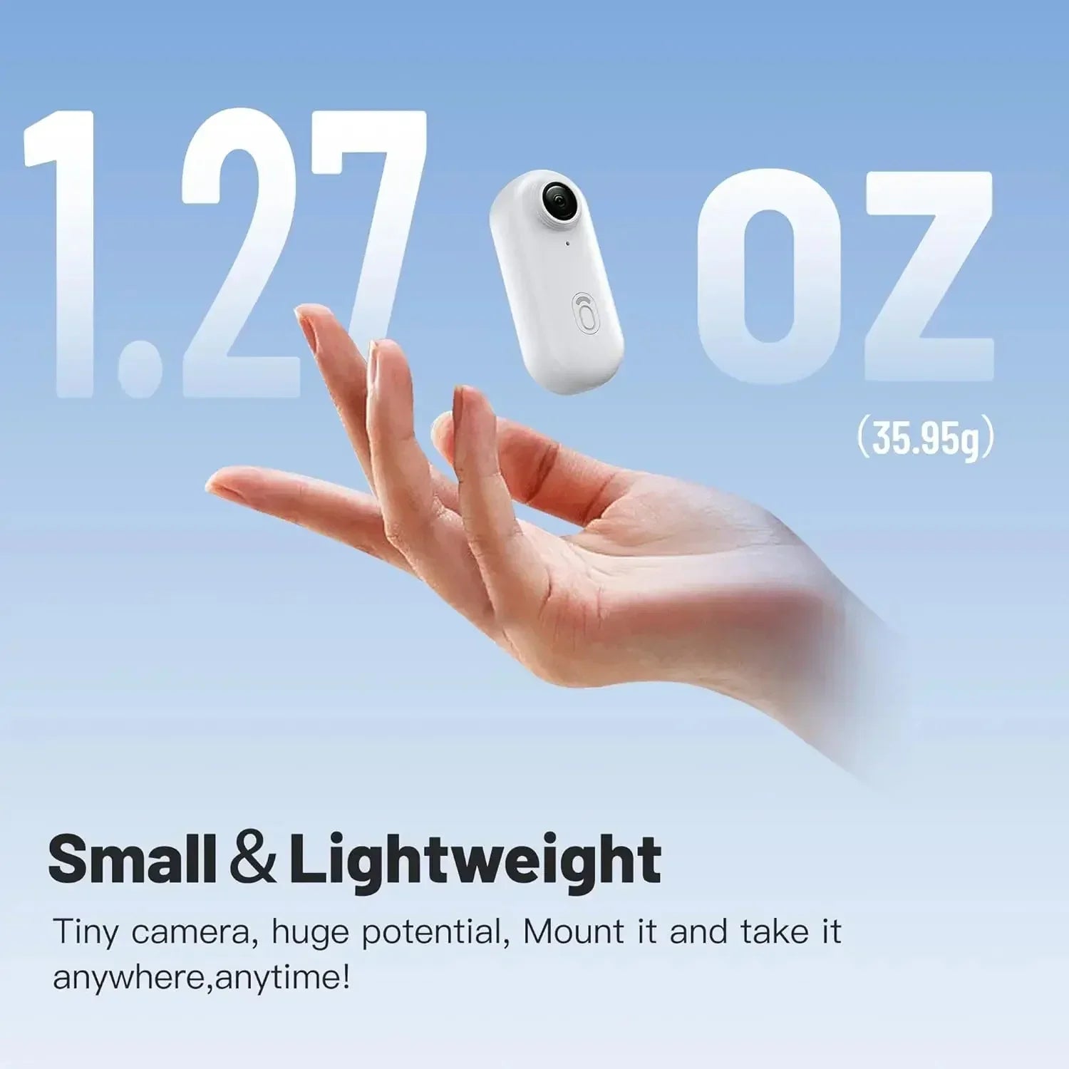 Hand holding a small, lightweight white camera weighing 1.27 oz against blue background.