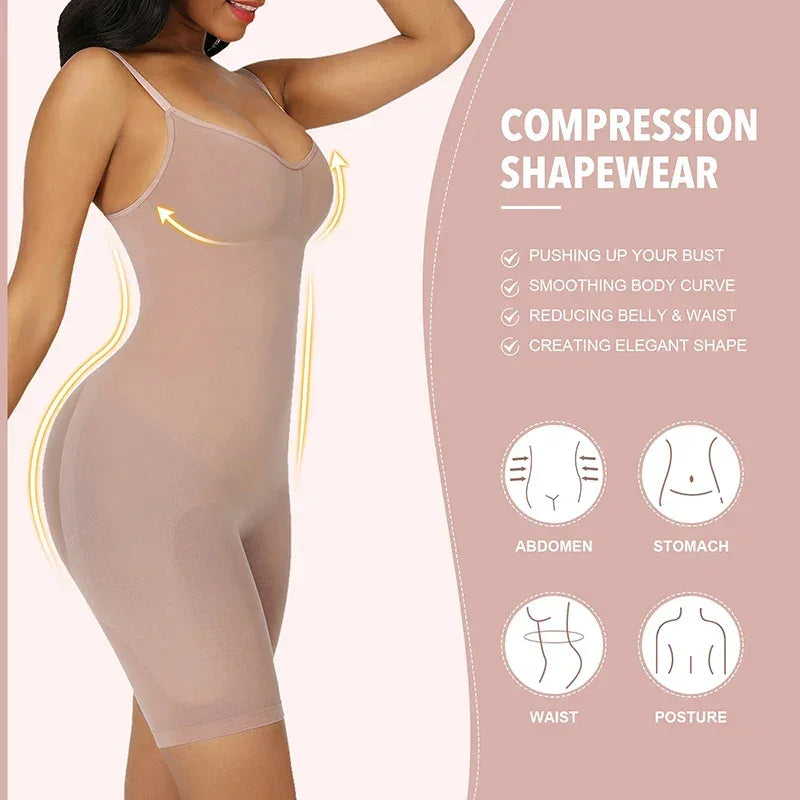 Woman wearing nude seamless compression shapewear bodysuit for body contouring and smooth fit