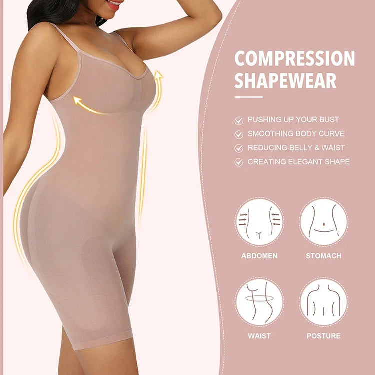 Woman wearing nude seamless compression shapewear bodysuit for body contouring and smooth fit