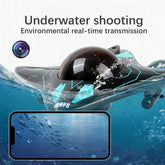 Black and blue underwater drone with real-time camera, streaming aquatic footage to a smartphone.