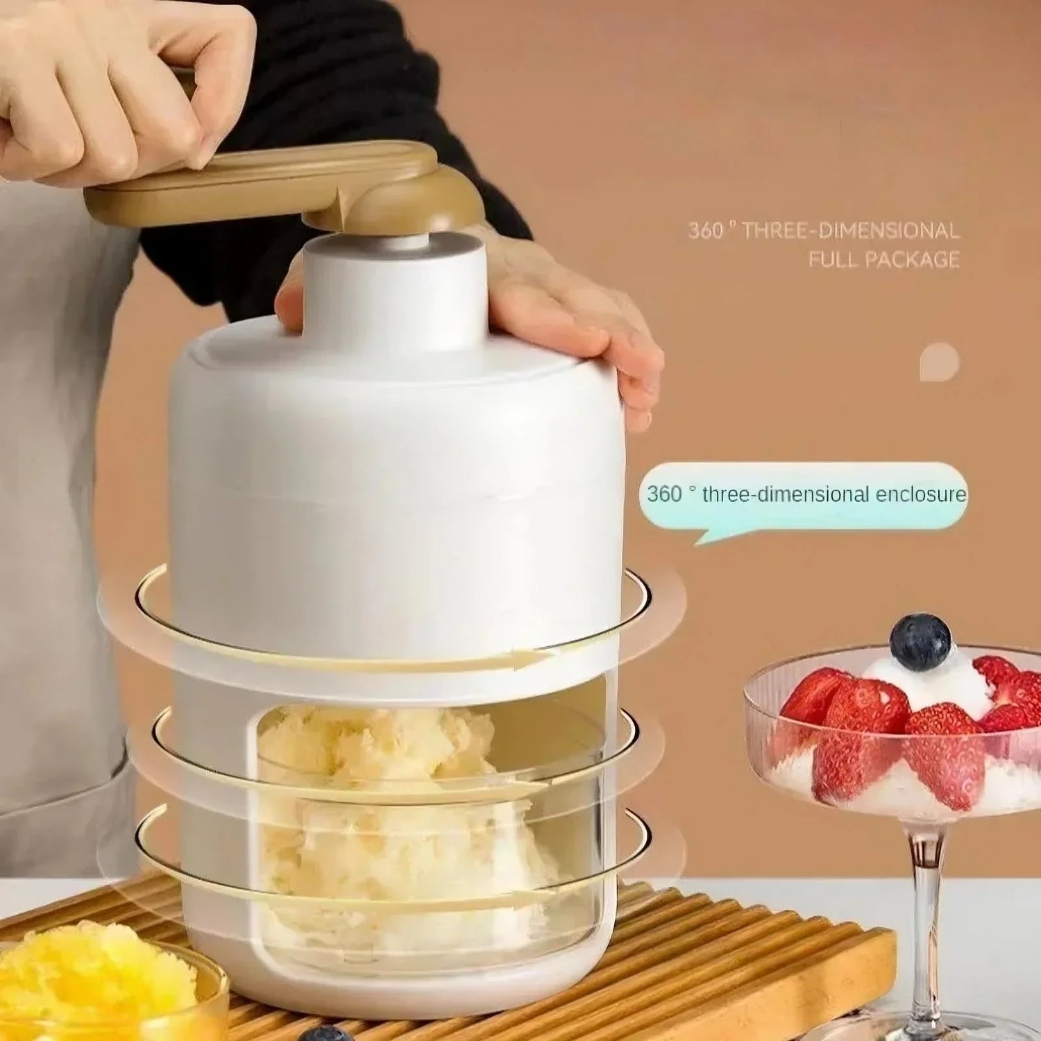 Hand-crank ice shaver in white and beige for making shaved ice desserts at home