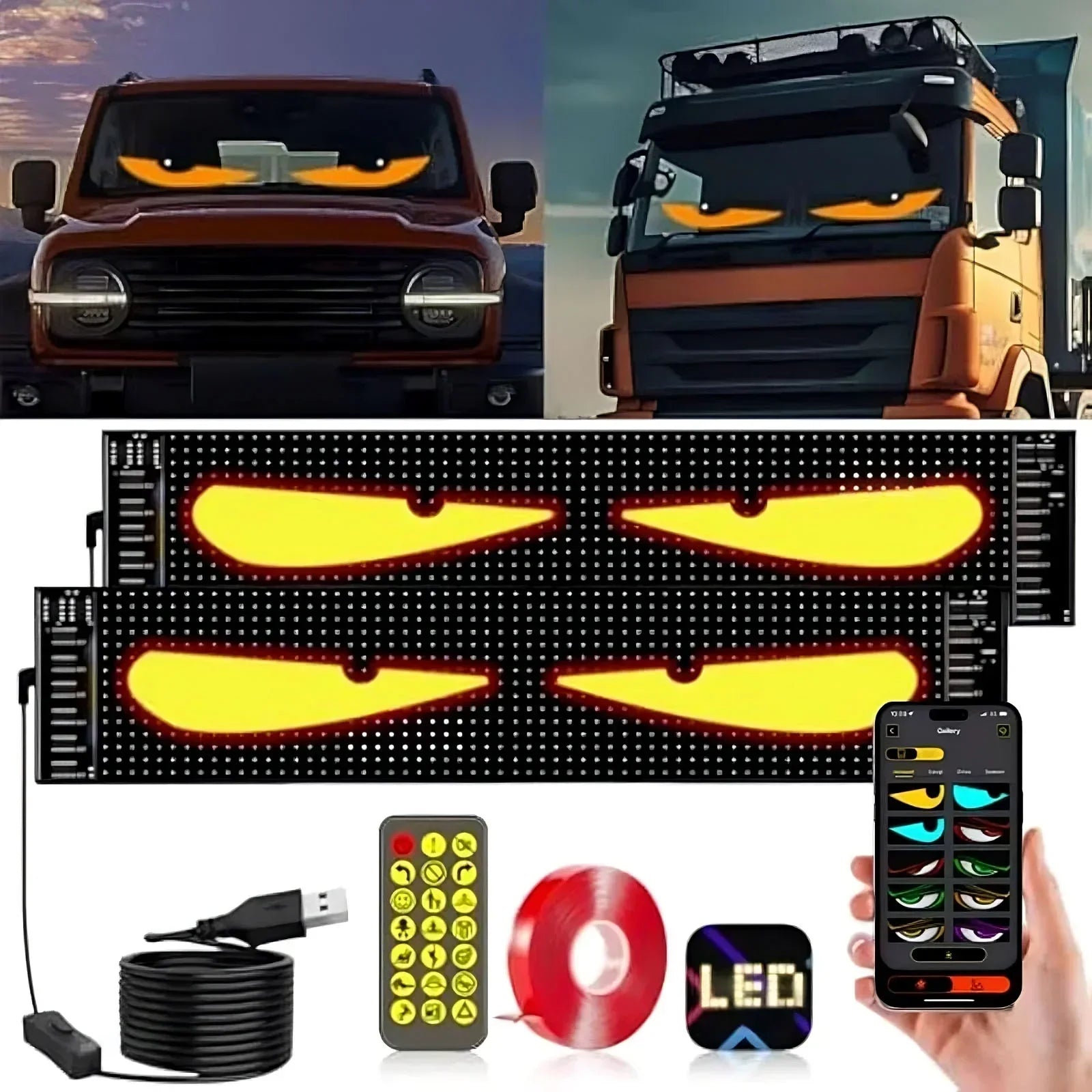 LED car display panel with animated yellow eyes, remote control, and smartphone app