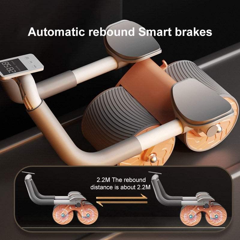 Dual-wheel ab roller with smart brakes, automatic rebound, and digital display, metallic finish.
