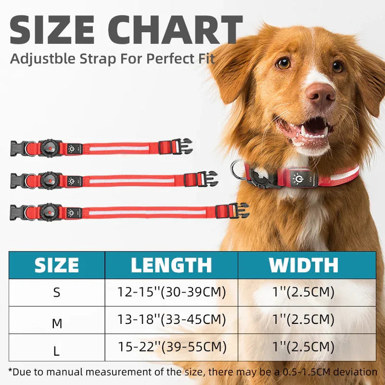 Dog wearing adjustable red nylon collar, size chart with small, medium, large options displayed.