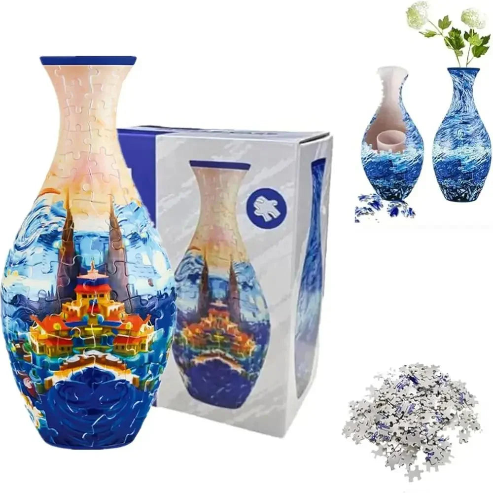 3D puzzle vase with colorful blue and orange scenic design, displayed with box and puzzle pieces