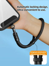 Black adjustable nylon phone wrist strap with automatic locking design, attached to case