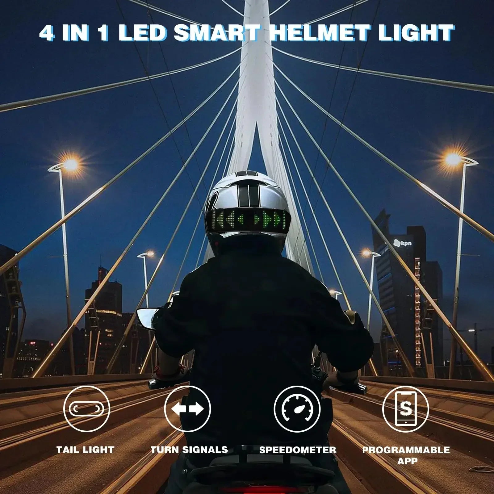 Rider wearing a silver smart helmet with LED lights and black futuristic streetwear jacket on a city bridge at night