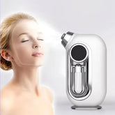 Woman using a white facial steamer, mist spraying on her face, skincare beauty device