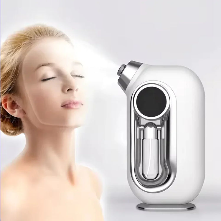 Woman using a white facial steamer, mist spraying on her face, skincare beauty device