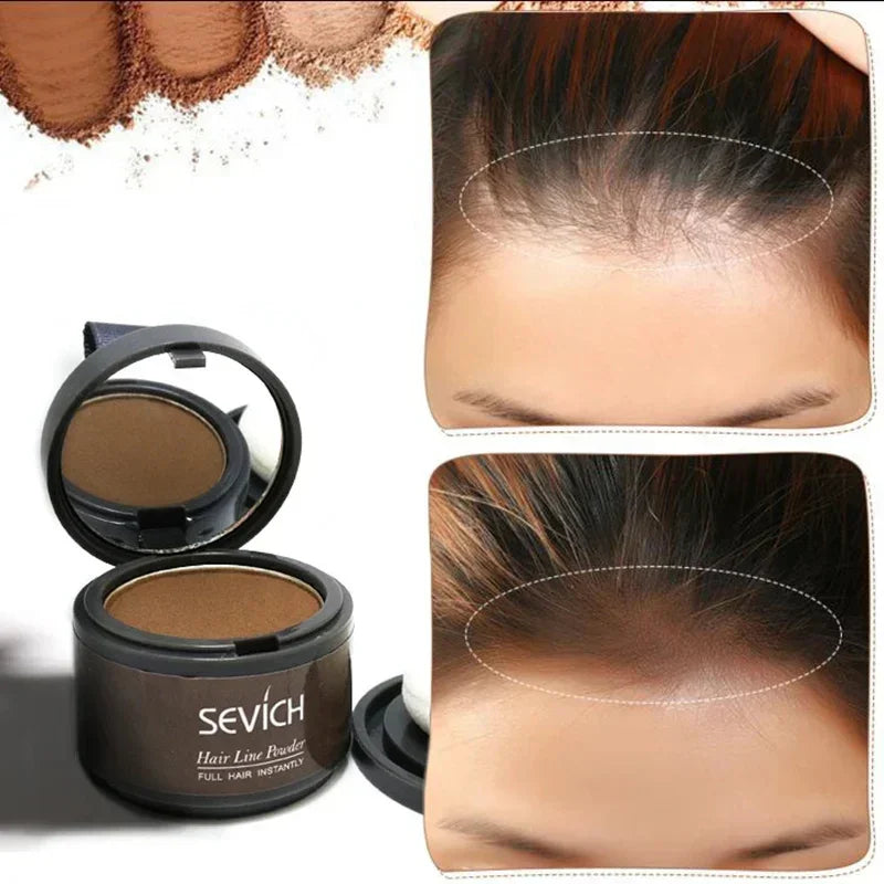 Brown hairline powder for hair thinning, before and after use, with compact and mirror.