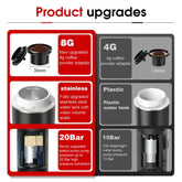 Coffee maker product upgrades comparison showing 8g coffee adapter, stainless steel water tank, and 20 bar pressure pump.