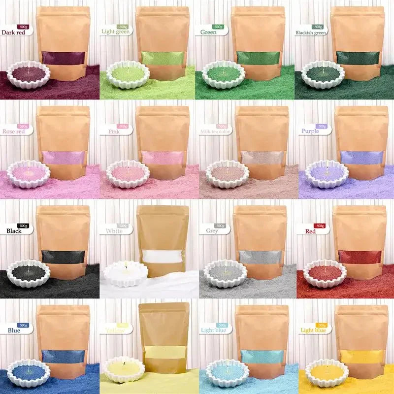 Assorted colored powdered material in resealable kraft bags, labeled by color, displayed with matching color bowls on textured mats.