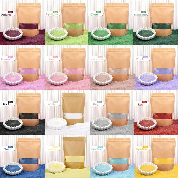 Assorted colored powdered material in resealable kraft bags, labeled by color, displayed with matching color bowls on textured mats.