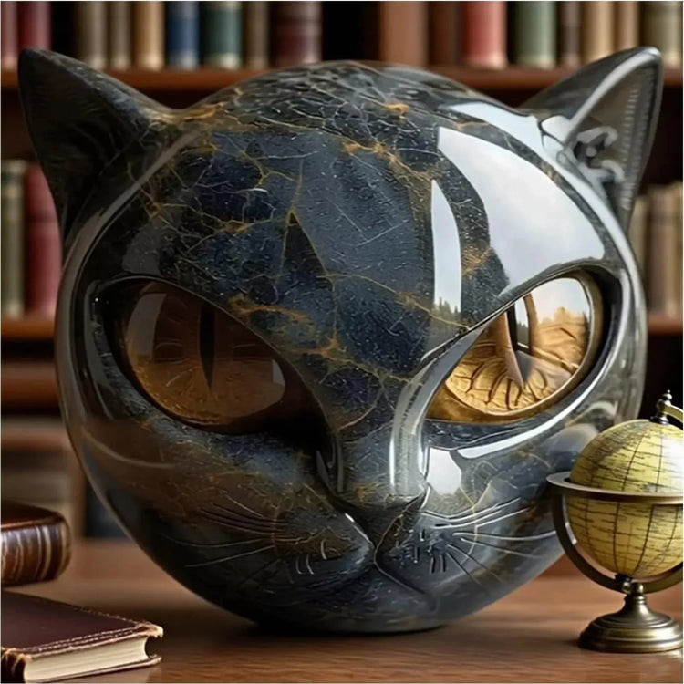 Glossy black marble cat sculpture with gold accents and large eyes on a wooden desk