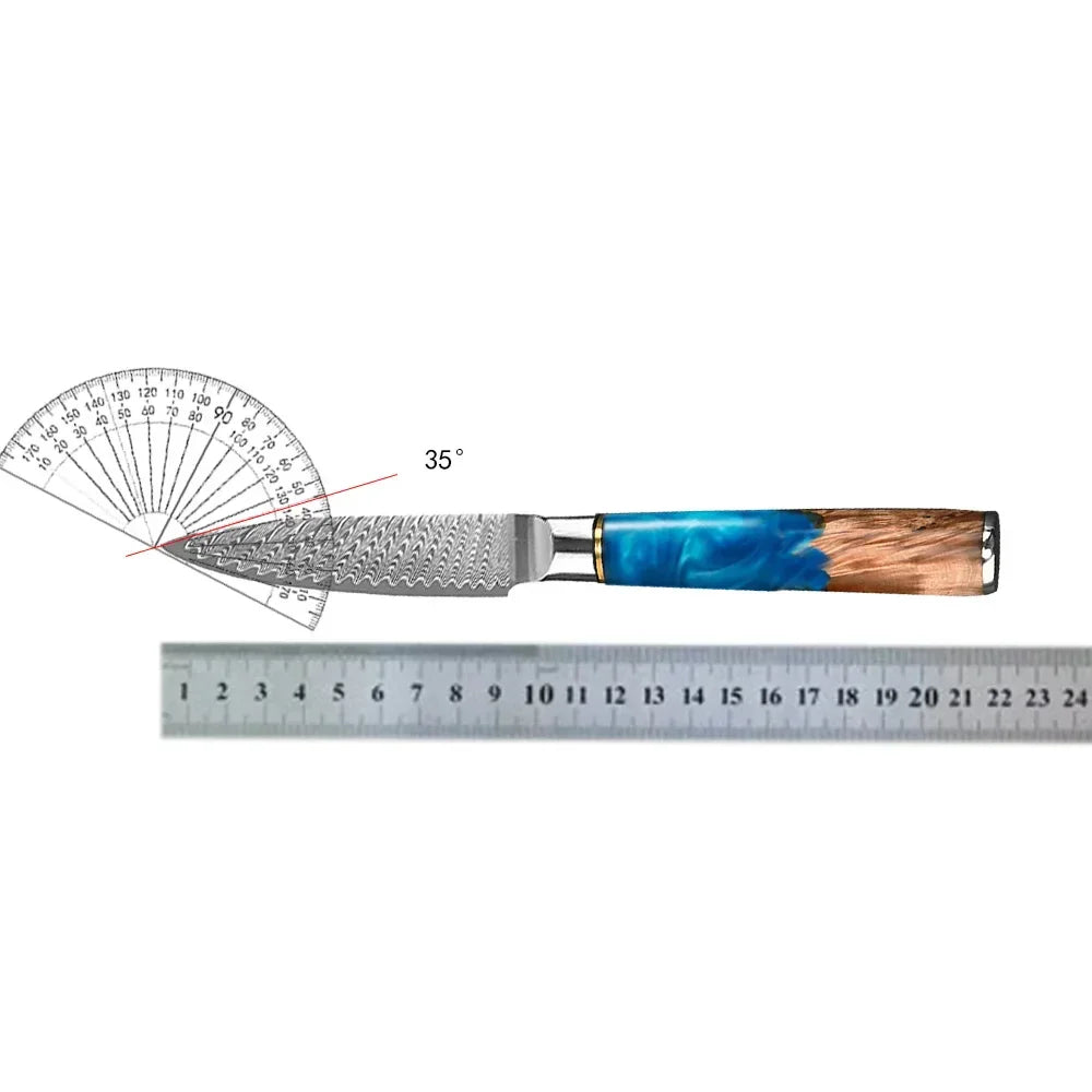Chef knife with textured blade, blue and wood handle, shown with ruler and 35 degree angle guide.