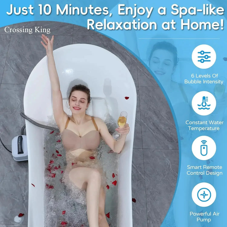 Woman relaxing in beige bra and briefs in bathtub with bubble jets and rose petals, modern fit.